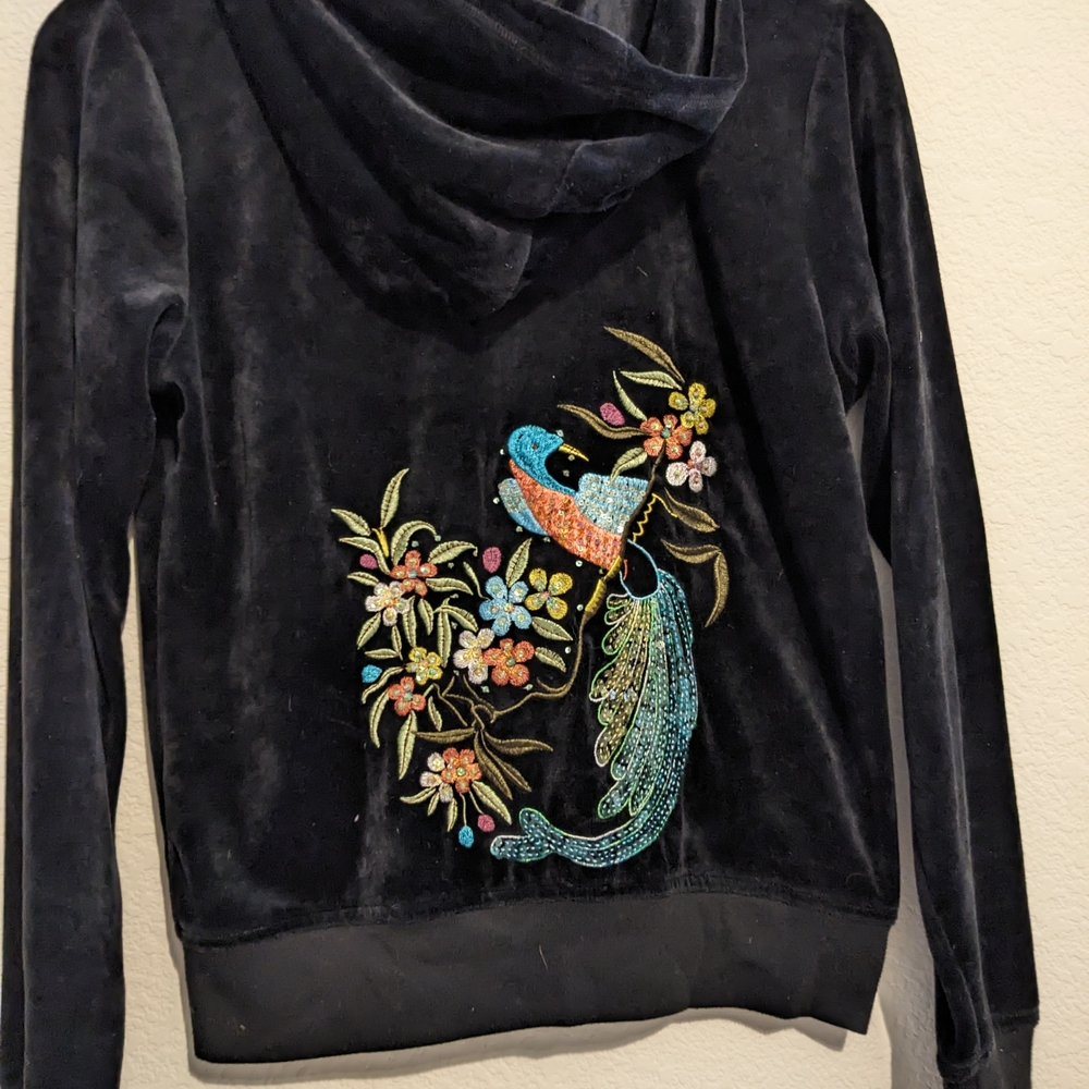 BCBG Black Velour Embellished Y2K Hoodie w/Dramatic Sequined Needlework